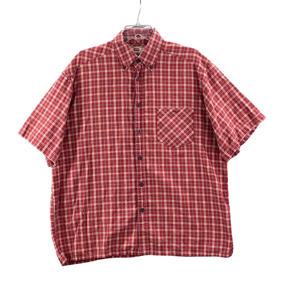 Levi's Button Down Shirt Men's Large Red Plaid Short Sleeve Cotton Casual Pocket